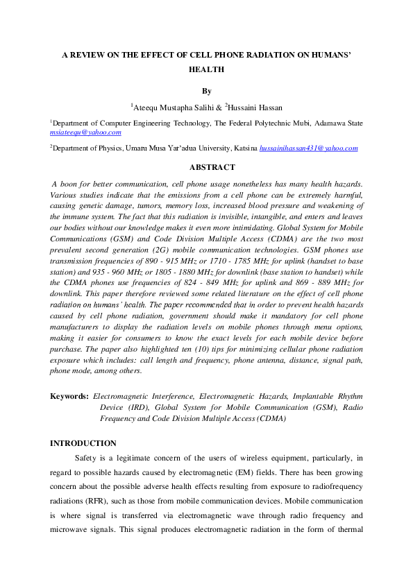 (PDF) A REVIEW ON THE EFFECT OF CELL PHONE RADIATION