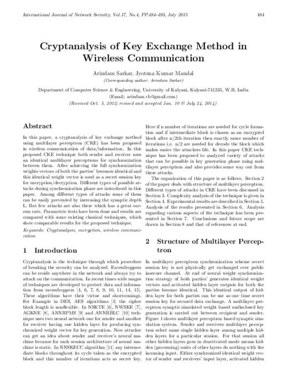 (PDF) Cryptanalysis of Key Exchange method in Wireless Communication