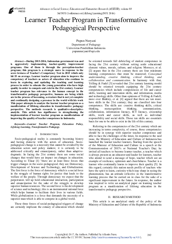 Pdf Learner Teacher Program In Transformative Pedagogical Perspective