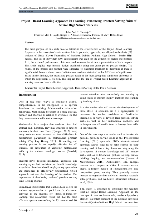 (PDF) Project -Based Learning Approach in Teaching: Enhancing Problem ...