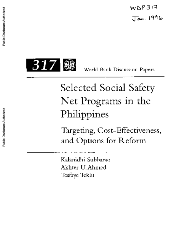 (PDF) Selected social safety net programs in the Philippines Akhter U