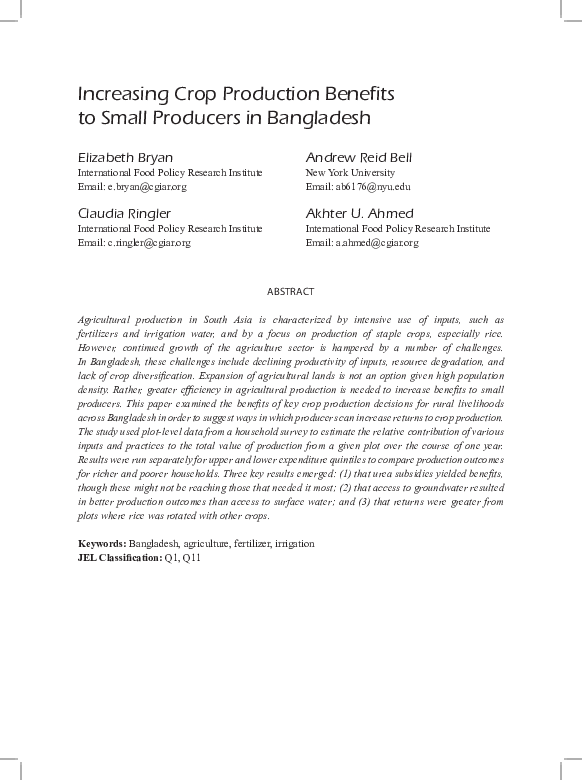 (PDF) Increasing Crop Production Benefits to Small Producers in Bangladesh