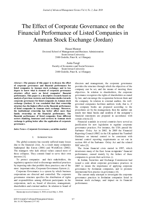 (PDF) The Effect of Corporate Governance on the Financial Performance ...