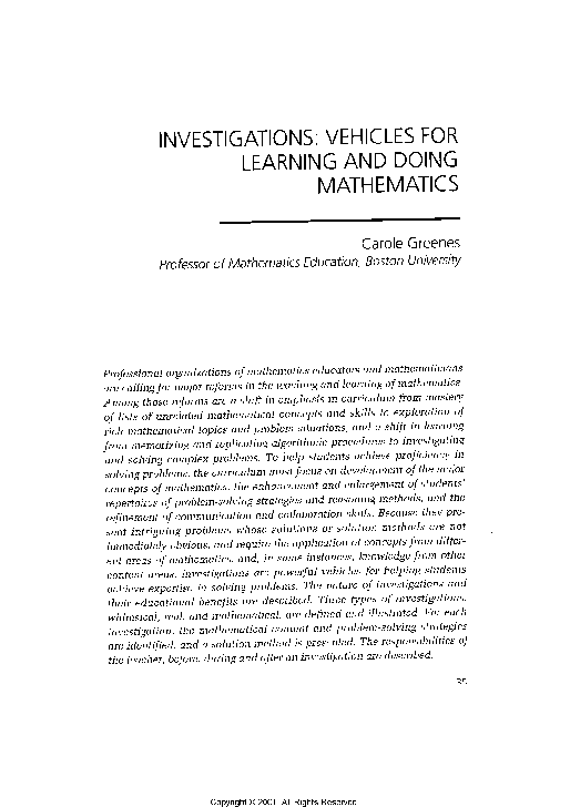 (PDF) Investigations: Vehicles for Learning and Doing Mathematics