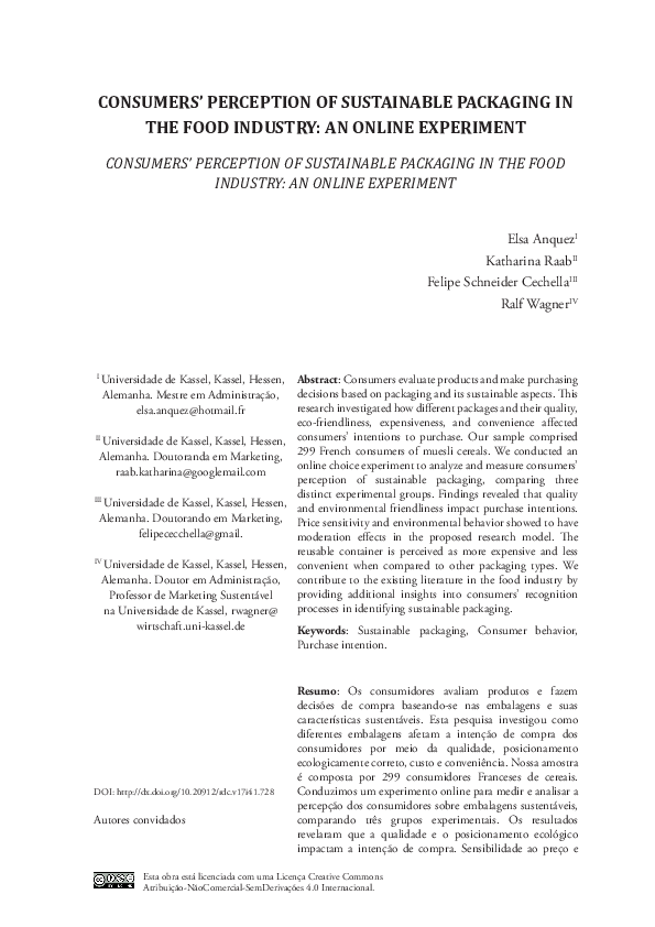 (PDF) Consumers’ Perception of Sustainable Packaging in the Food Industry