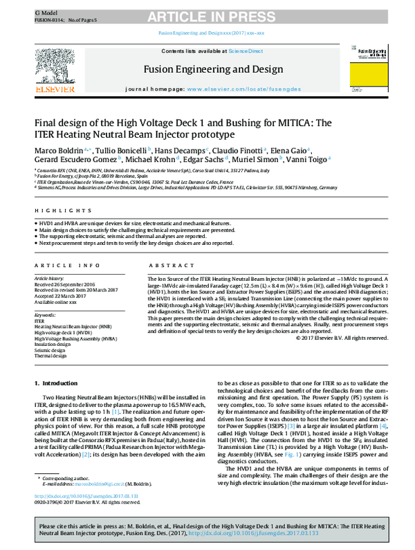 (PDF) Final design of the High Voltage Deck 1 and Bushing for MITICA ...