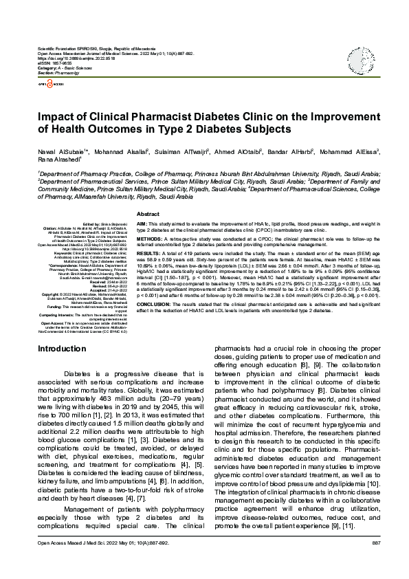 (PDF) Impact of Clinical Pharmacist Diabetes Clinic on the Improvement ...