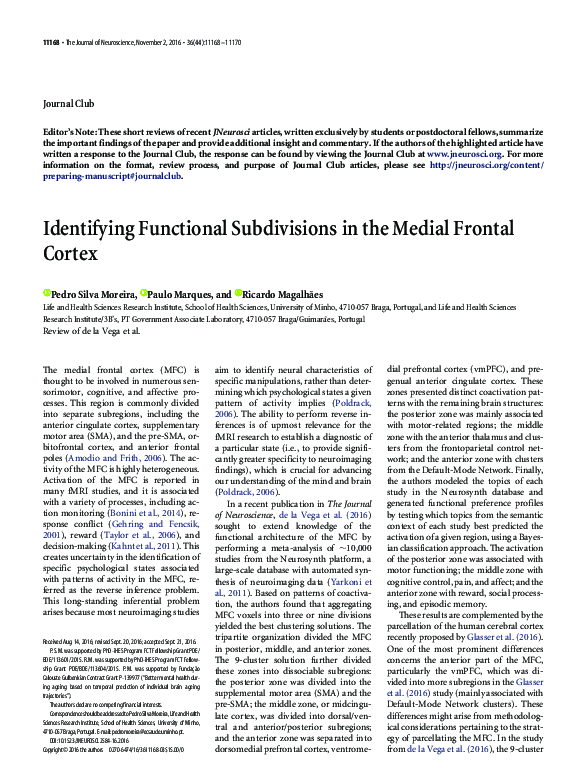 (PDF) Identifying Functional Subdivisions in the Medial Frontal Cortex