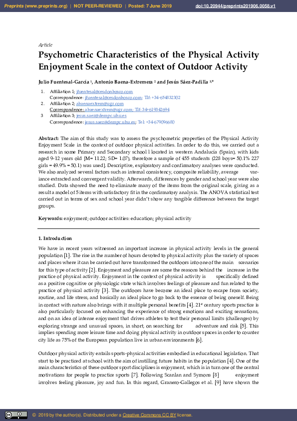 (PDF) Psychometric Characteristics of the Physical Activity Enjoyment ...