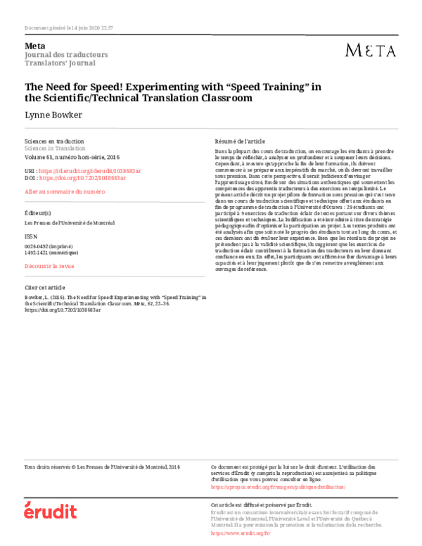 (PDF) The Need for Speed! Experimenting with “Speed Training” in the ...