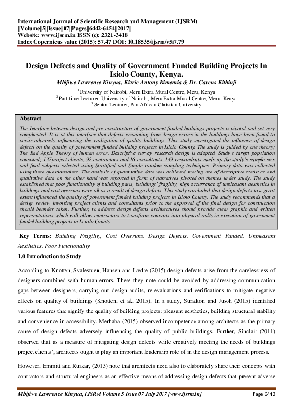 (PDF) Design Defects and Quality of Government Funded Building Projects ...