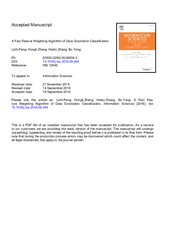 (PDF) A fast feature weighting algorithm of data gravitation classification