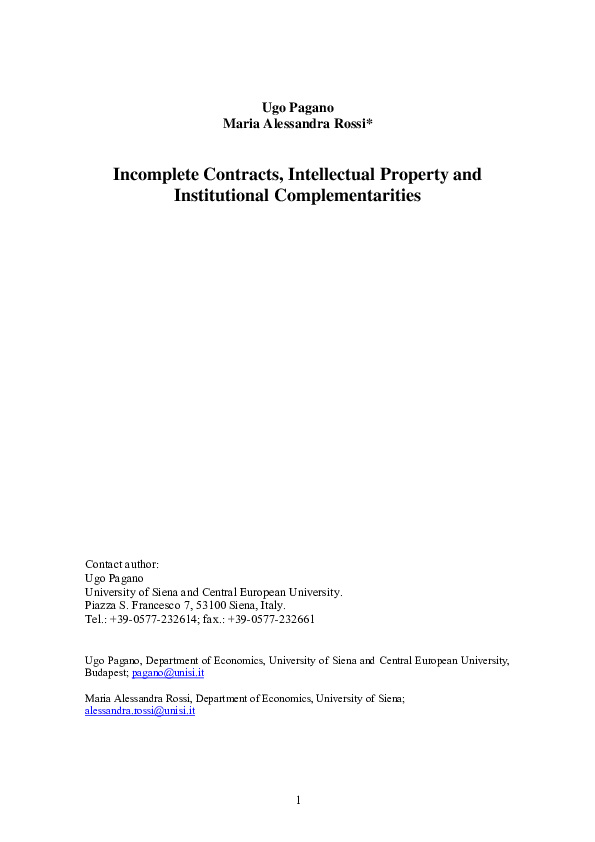 (PDF) Incomplete Contracts, Intellectual Property and Institutional ...