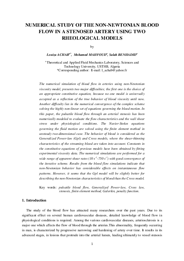 (PDF) Numerical study of the non-Newtonian blood flow in a stenosed ...