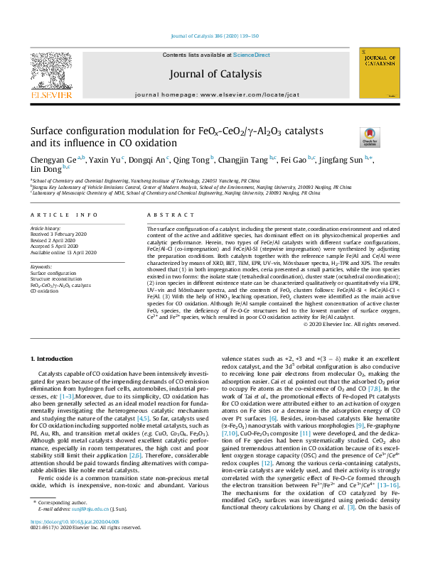 (PDF) Surface configuration modulation for FeO -CeO2/γ-Al2O3 catalysts ...