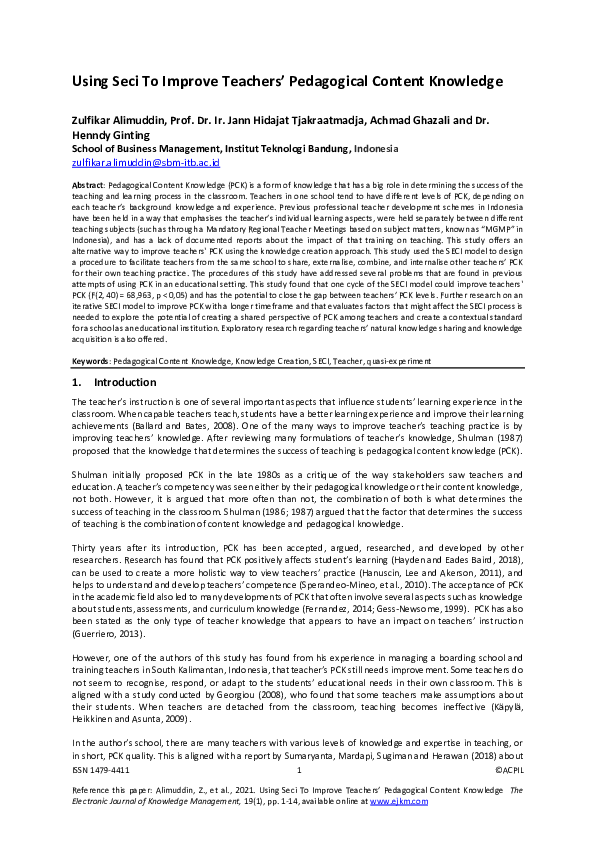 (PDF) Using Seci To Improve Teachers’ Pedagogical Content Knowledge