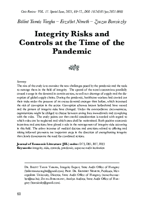 (PDF) Integrity Risks and Controls at the Time of the Pandemic