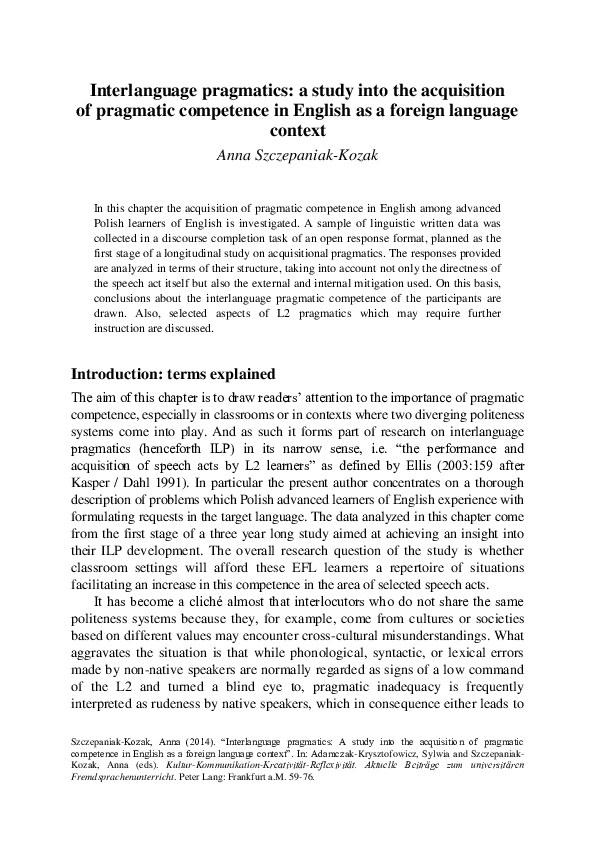 (PDF) Interlanguage pragmatics: A study into the acquisition of ...