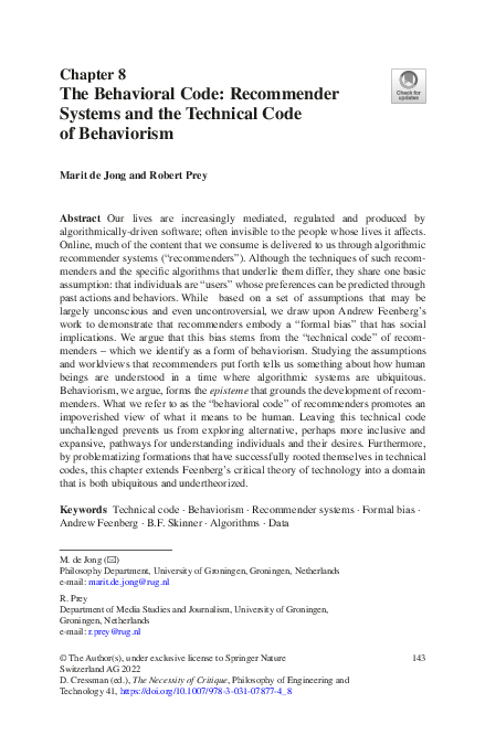(PDF) The Behavioral Code: Recommender Systems and the Technical Code ...