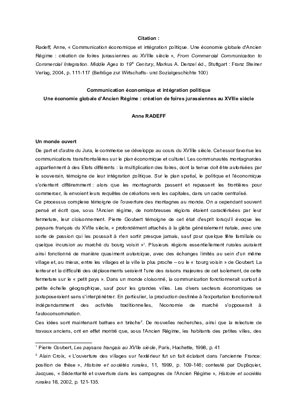 Communication économique et intégration politique. Une économie globale d'Ancien Régime: création de foires jurassiennes au XVIIIe siècle