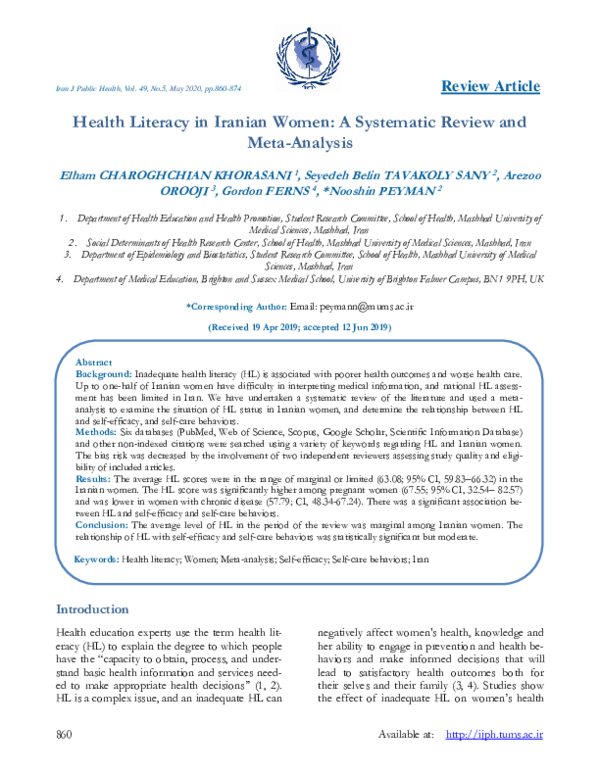 (PDF) Health Literacy in Iranian Women: A Systematic Review and Meta ...