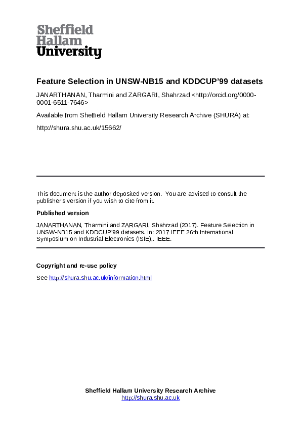 (PDF) Feature selection in UNSW-NB15 and KDDCUP'99 datasets