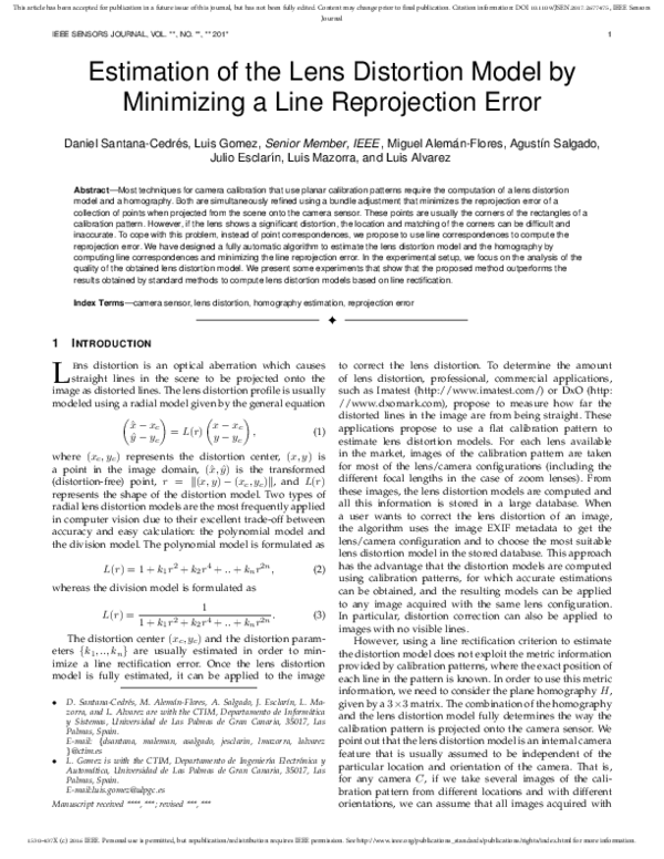 (PDF) Estimation of the Lens Distortion Model by Minimizing a Line ...