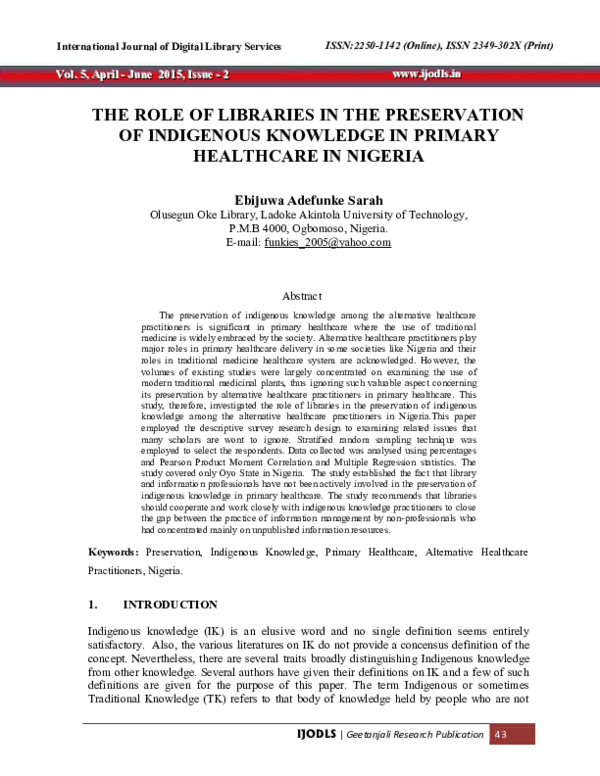 (PDF) The Role Of Libraries in the Preservation of Indigenous Knowledge ...