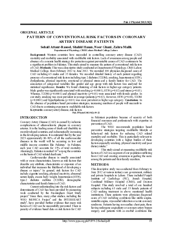 (PDF) Pattern of Conventional Risk Factors in Coronary Artery Disease ...
