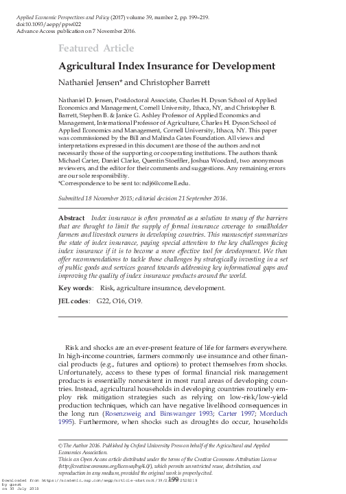 (PDF) Agricultural Index Insurance for Development