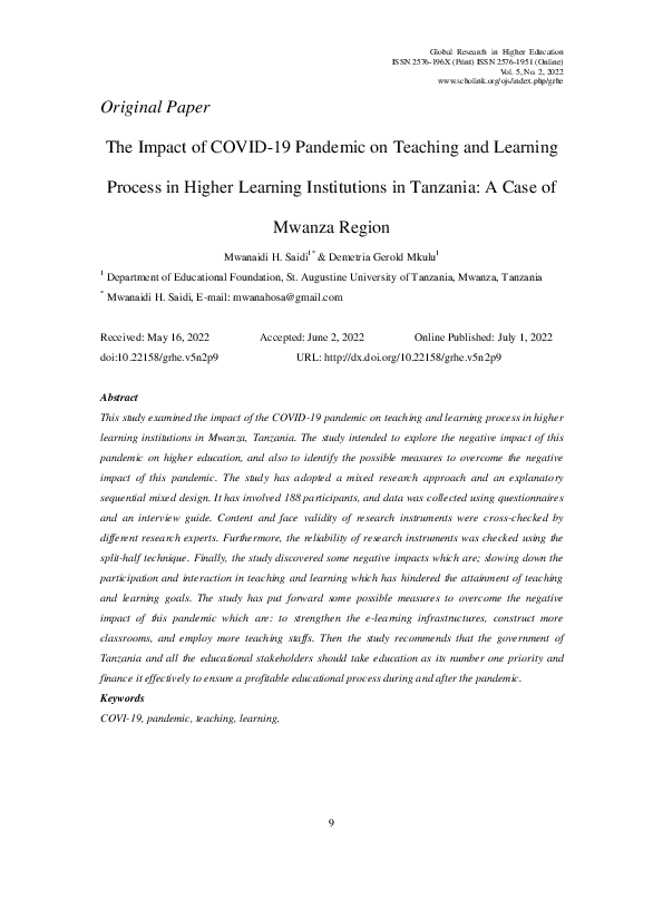 (PDF) The Impact of COVID-19 Pandemic on Teaching and Learning Process ...