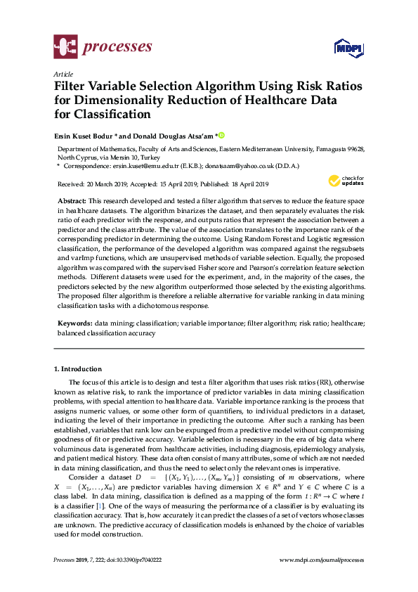 (PDF) Filter Variable Selection Algorithm Using Risk Ratios for ...