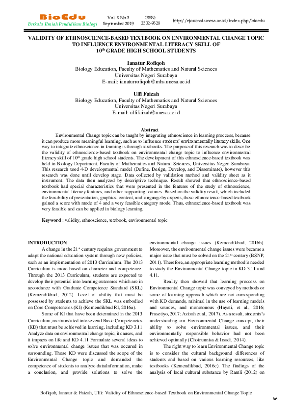 VALIDITY OF ETHNOSCIENCE-BASED TEXTBOOK ON ENVIRONMENTAL CHANGE TOPIC TO INFLUENCE ENVIRONMENTAL LITERACY SKILL OF 10th GRADE HIGH SCHOOL STUDENTS