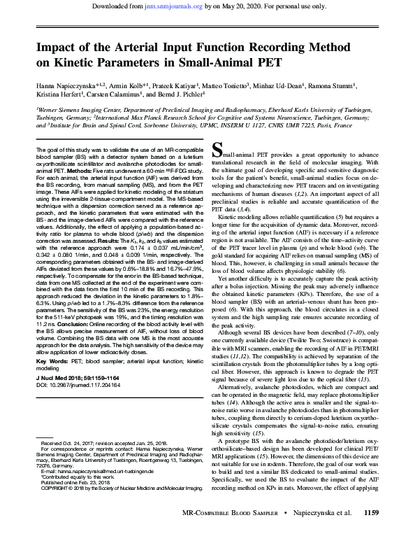 (PDF) Impact of the Arterial Input Function Recording Method on Kinetic ...