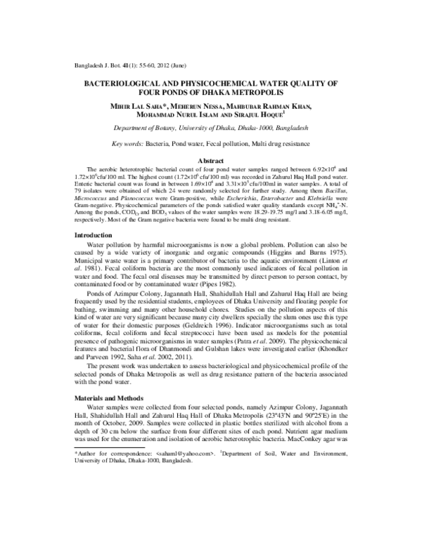 (PDF) Bacteriological and Physicochemical Water Quality of Four Ponds ...