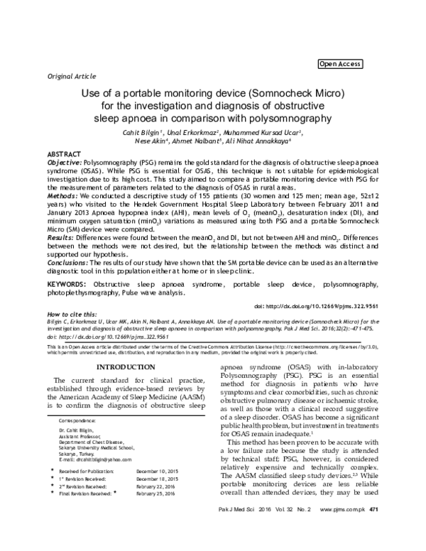 (PDF) A study on the use of a portable monitoring device (Somnocheck ...