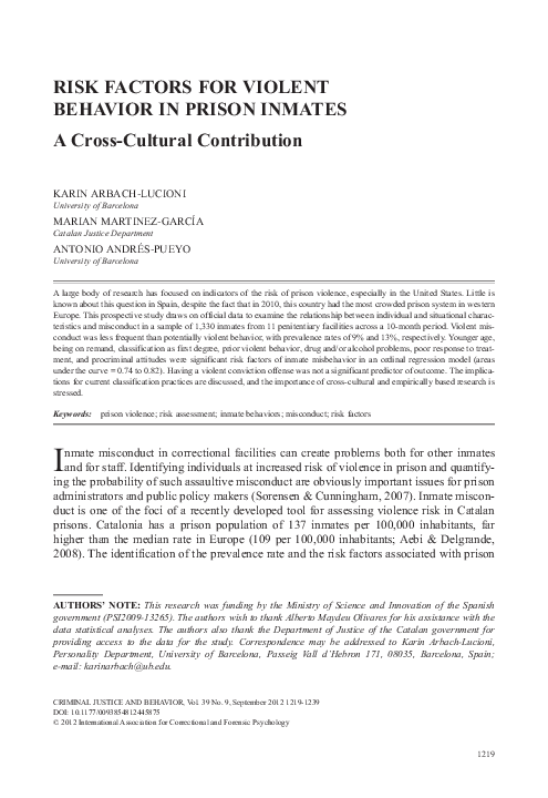 (PDF) Risk Factors for Violent Behavior in Prison Inmates