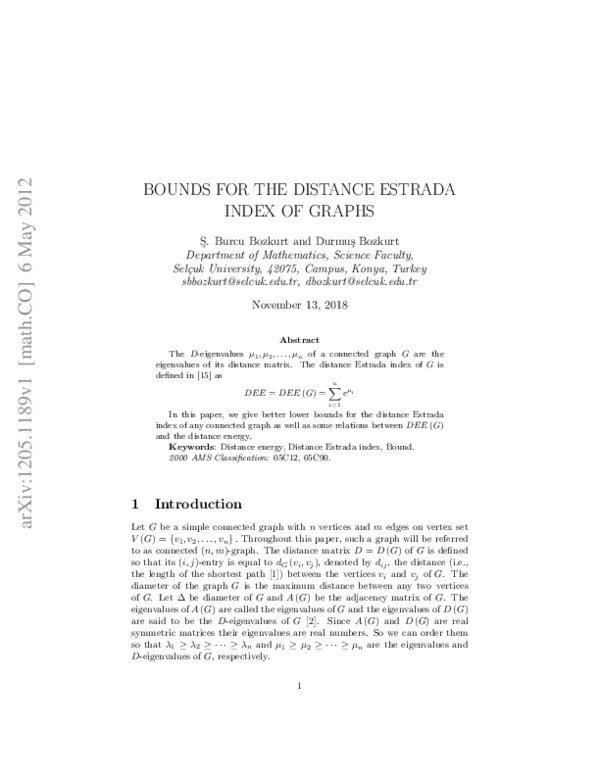 (PDF) Bounds for the distance Estrada index of graphs