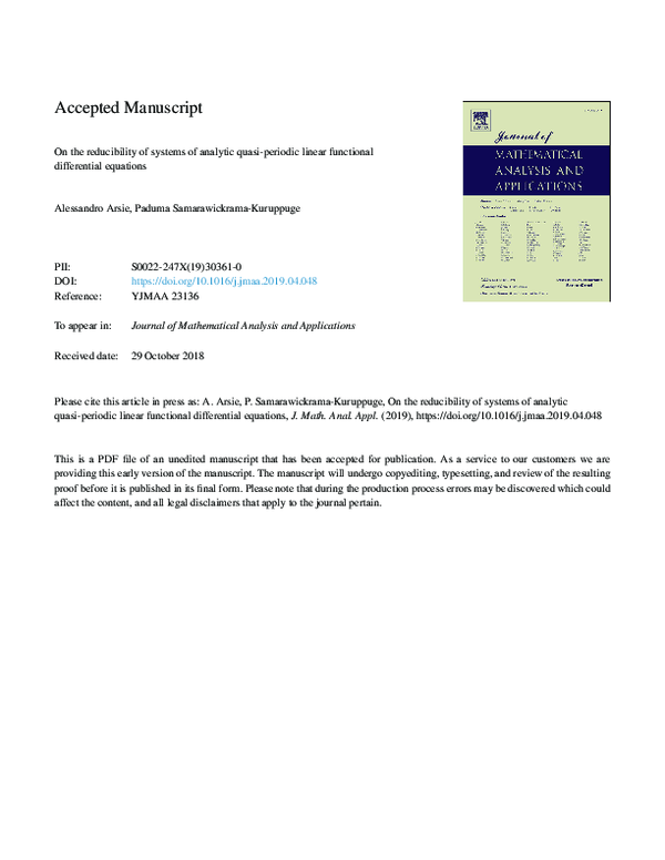  pdf on the reducibility of systems of analytic quasi periodic linear