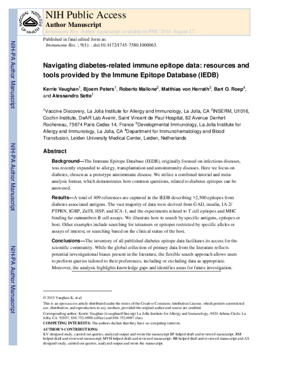 (PDF) Navigating diabetes-related immune epitope data: resources and ...