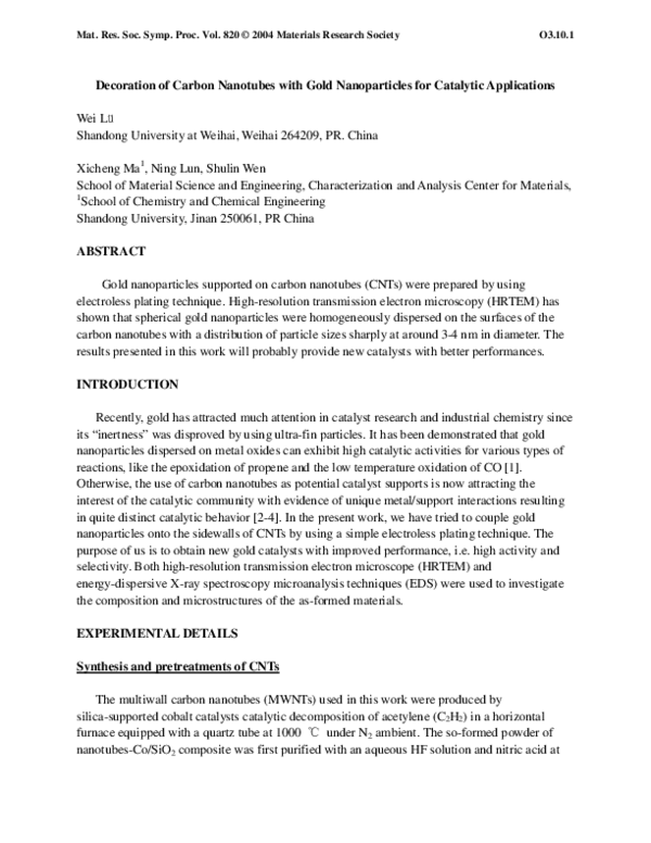 (PDF) Decoration of Carbon Nanotubes with Gold Nanoparticles for ...