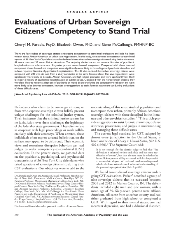 (PDF) Evaluations of Urban Sovereign Citizens' Competency to Stand Trial