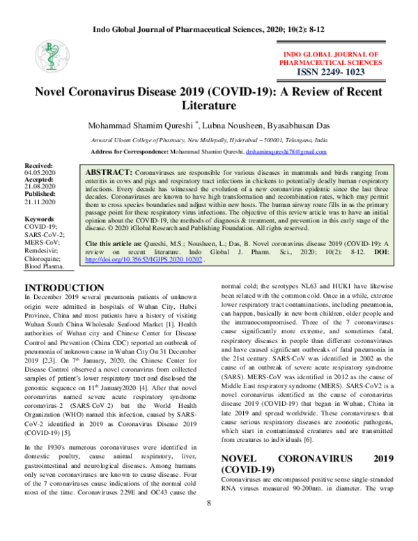 (PDF) Novel Coronavirus Disease 2019 (COVID-19): A Review of Recent ...