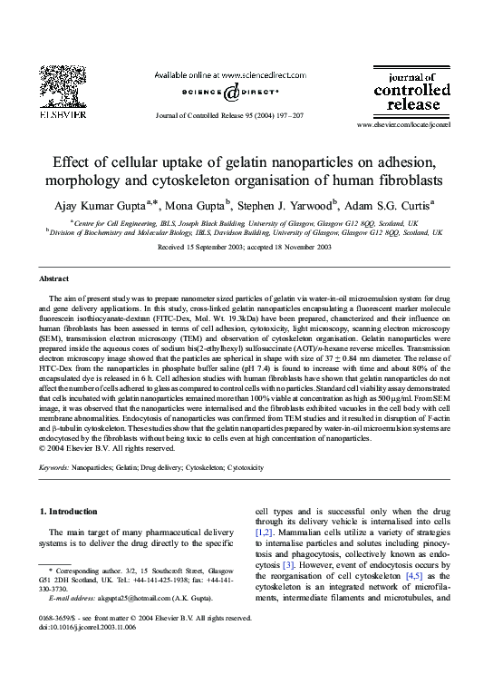 (PDF) Effect of cellular uptake of gelatin nanoparticles on adhesion ...