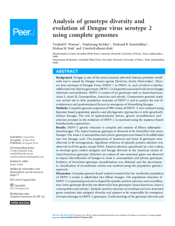 (PDF) Analysis of genotype diversity and evolution of Dengue virus ...