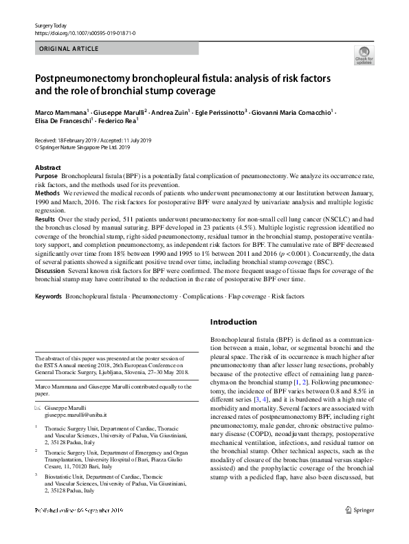 (PDF) Postpneumonectomy bronchopleural fistula: analysis of risk ...