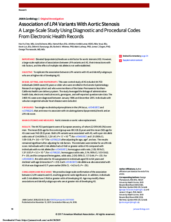 (PDF) Association of LPA Variants With Aortic Stenosis: A Large-Scale ...