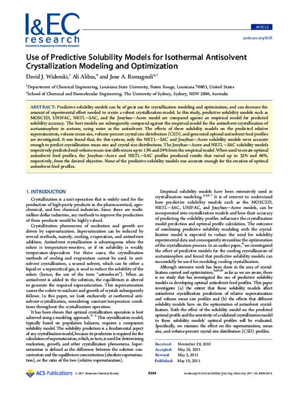 (PDF) Use of Predictive Solubility Models for Isothermal Antisolvent ...