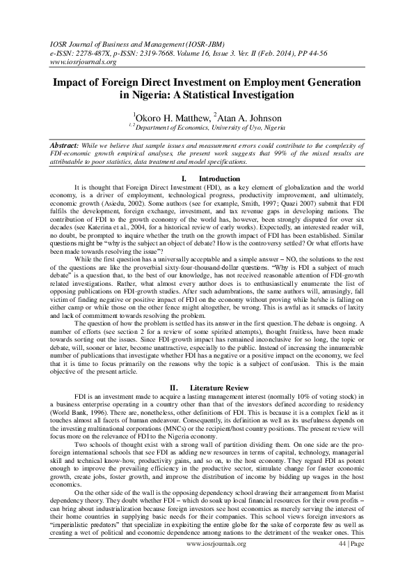 (PDF) Impact of Foreign Direct Investment on Employment Generation in ...
