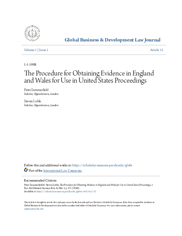 (PDF) The Procedure for Obtaining Evidence in England and Wales for Use ...
